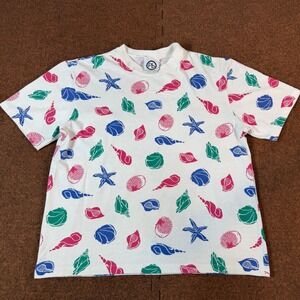 Vintage Pb Collections Seashell Starfish Print T-Shirt White Pink Blue Green L